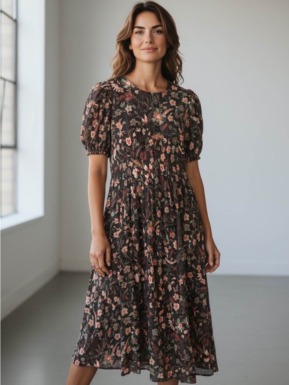 Ulla Johnson Black Floral Puff-Sleeve Midi Dress